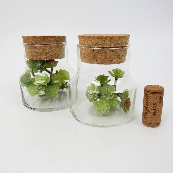 Vintage Retro 2 Round Glass Jars Cork Stoppers Terrarium Image 0