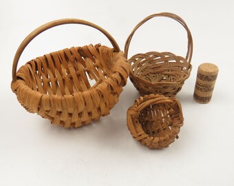 Vintage collectible mini Basket Collection, Set of 4 Woven Split Oak and Rattan with Handles Easter Gift