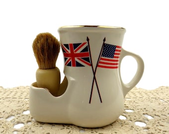 Vintage Collectible Lego Shaving Mug and Natural Bristles Shaving Brush w Brit and American Flag Transfer and Gold Trim