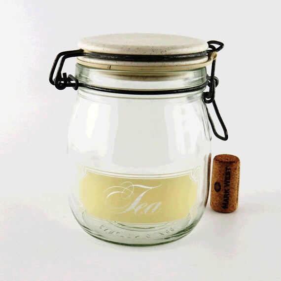 Vintage Kitchen Glass Tea Canister 3 4 Liter Jar Typography Image 0