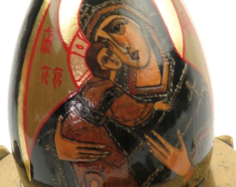 Vintage Hand Painted Madonna & Jesus Egg, Black Lacquer Collectible