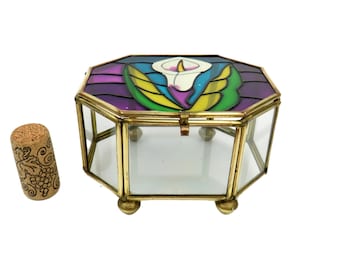 Glass and Brass Hexagon Curio Jewlrey Trinket Display Box, Stained Glass Easter Lily Vanity Decor, Ring Box