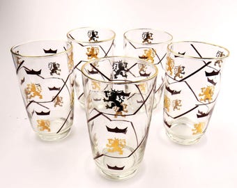 Mid Century Libbey Tumblers: Crown & Lion Gold Barware, Set of 4