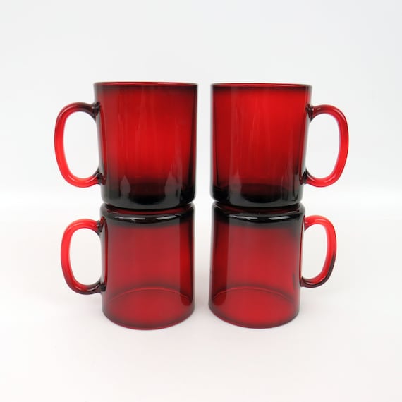 6 Vintage Luminarc Arcoroc Ruby Red Glass Coffee cups mugs France tea rare
