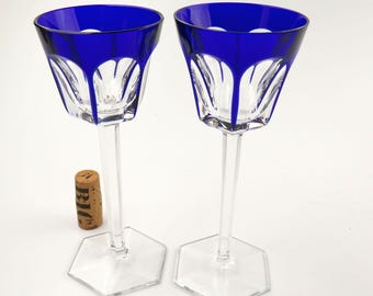 Baccarat Harcourt Rhine Wine Pair of Glasses in Cobalt Blue Cut-to-Clear Crystal RARE