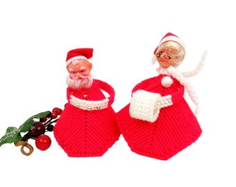 Vintage Kitsch Mr and Mrs Santa Christmas Ornaments Handcrafted Red Yarn Knit
