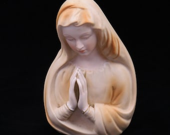 Vintage Figurine Praying Mother Mary Head Bust Floral Planter Porcelain Bisque Ceramic Hand Painted Roman Catholic Made in Japan