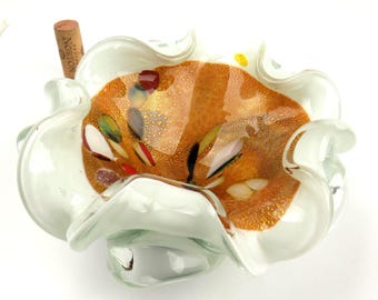 Vintage Murano Art Glass Bowl: Hand Blown Tutti Frutti Gold Fleck Centerpiece