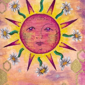 Sun art print, floral art print, sunset art print, watercolor print, celestial art print, Psychedelic sun art print, sun and flowers art