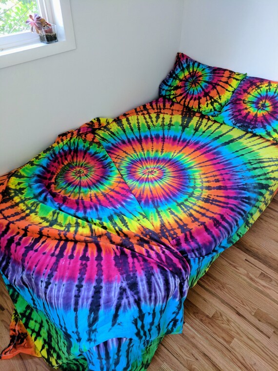 Tie Dye Sheet Set 100% Cotton Rainbow Rainbow Spiral Tie Dye Pillow Cases