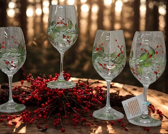 Hand Painted, Pine & Berries wine glass