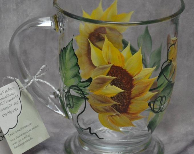 Hand painted, Sunflower, Sweet pea, & Trumpet vine Glass Mugs