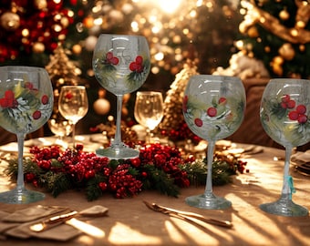 Hand Painted Holly and Berries wine glass