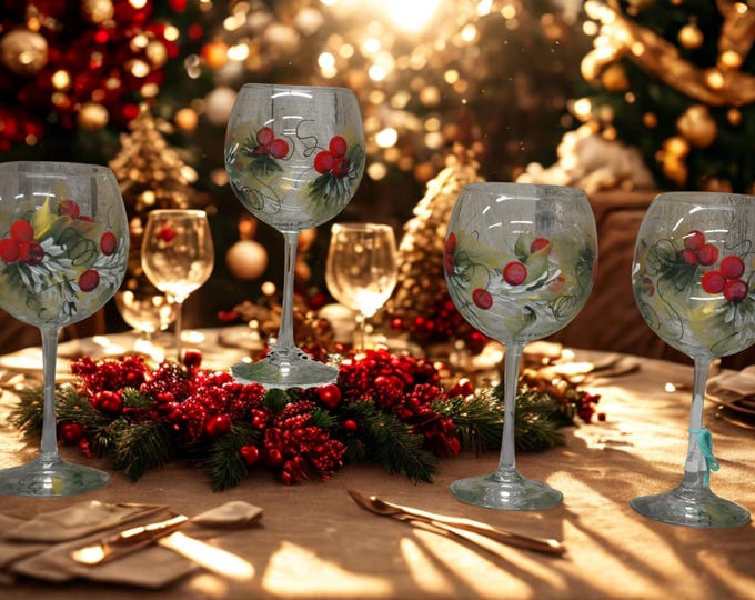 Hand Painted Holly and Berries wine glass