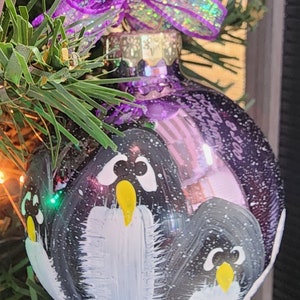 Single, hand painted Penguin ornament Lavender