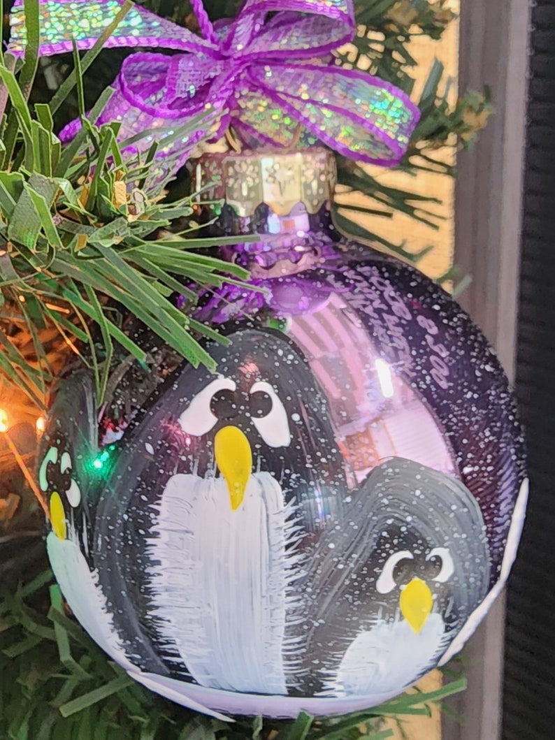 Single, hand painted Penguin ornament Lavender