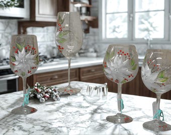 Hand Painted, White/Silver Poinsettia & Berries wine glass