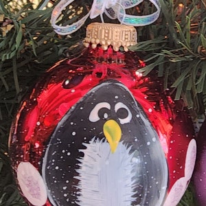Single, hand painted Penguin ornament Red