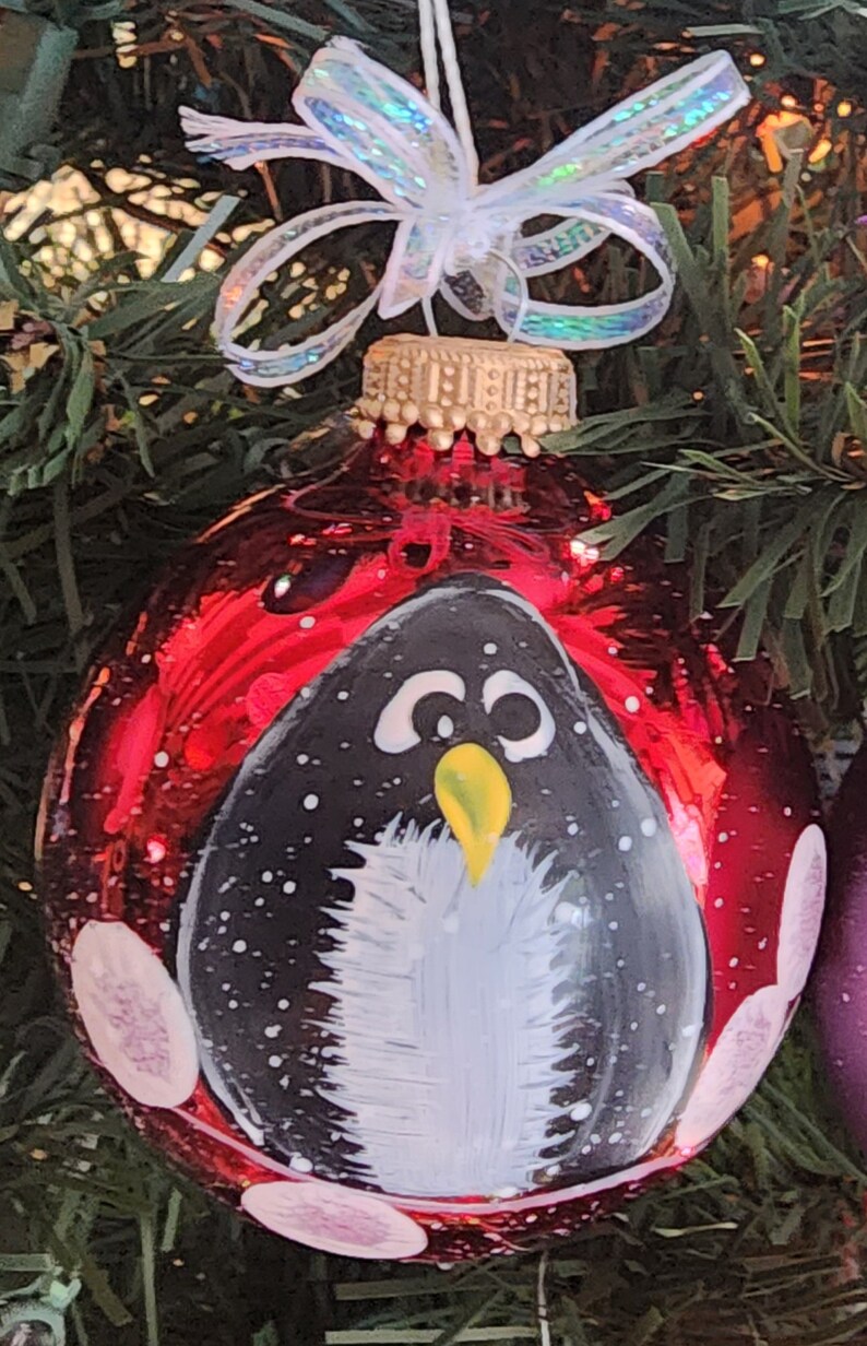 Single, hand painted Penguin ornament Red