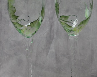 10" Bride & Groom Green Glass Toasting flutes, White rosebuds, Set of 2.