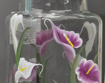 Hand painted, canister. Choice of Calla lily, white rosebuds, or white lilacs