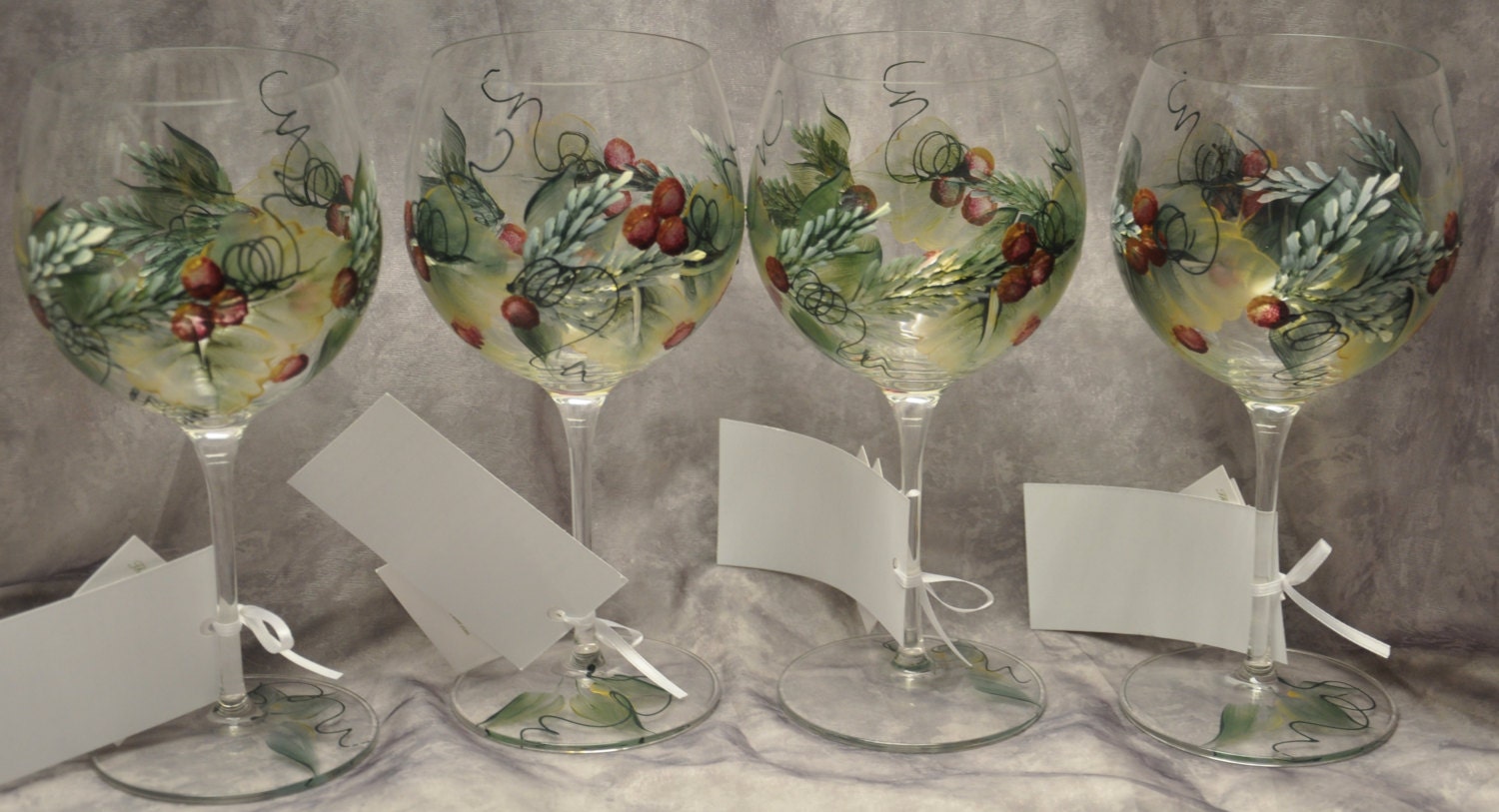 Christmas Wine Glasses - Set of 2 Stemless - Hand Painted - Holly and Berry