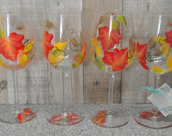 Hand painted Fall leaves Wine Glass