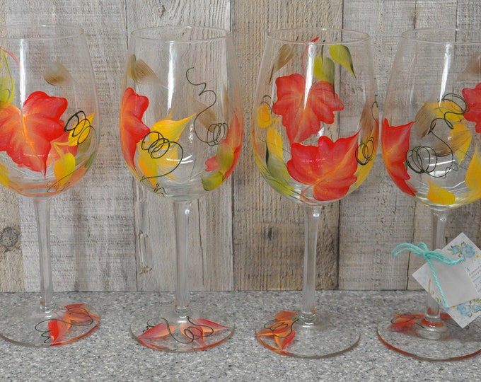 Hand painted Fall leaves Wine Glass