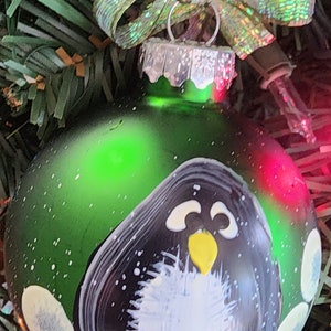 Single, hand painted Penguin ornament Xmas Green