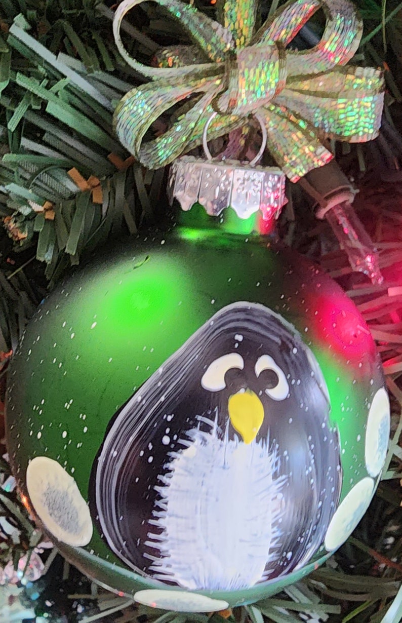 Single, hand painted Penguin ornament Xmas Green