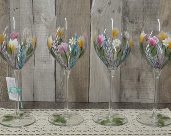 Hand painted wildflower design wine glasses, set of 4