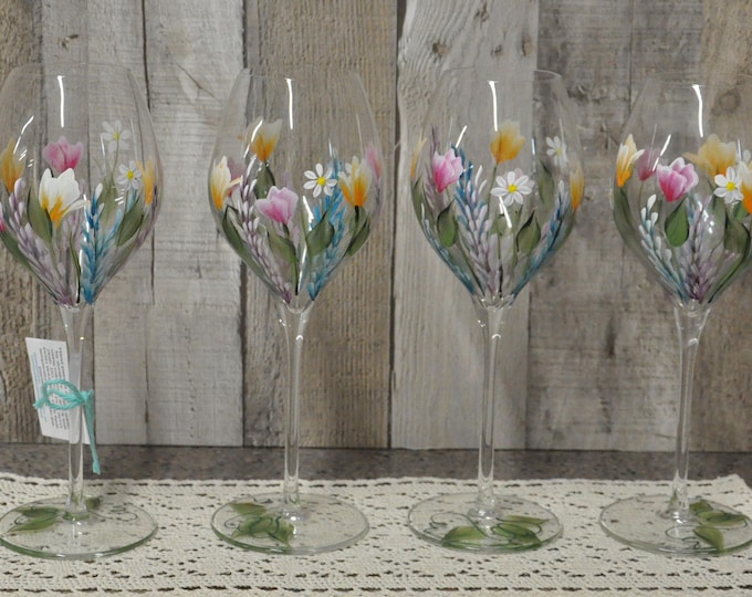 Hand painted wildflower design wine glasses, set of 4
