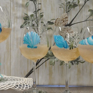 Hand Painted, Blue/Aqua Seashell wine glass