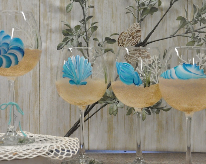 Hand Painted, Blue/Aqua Seashell wine glass