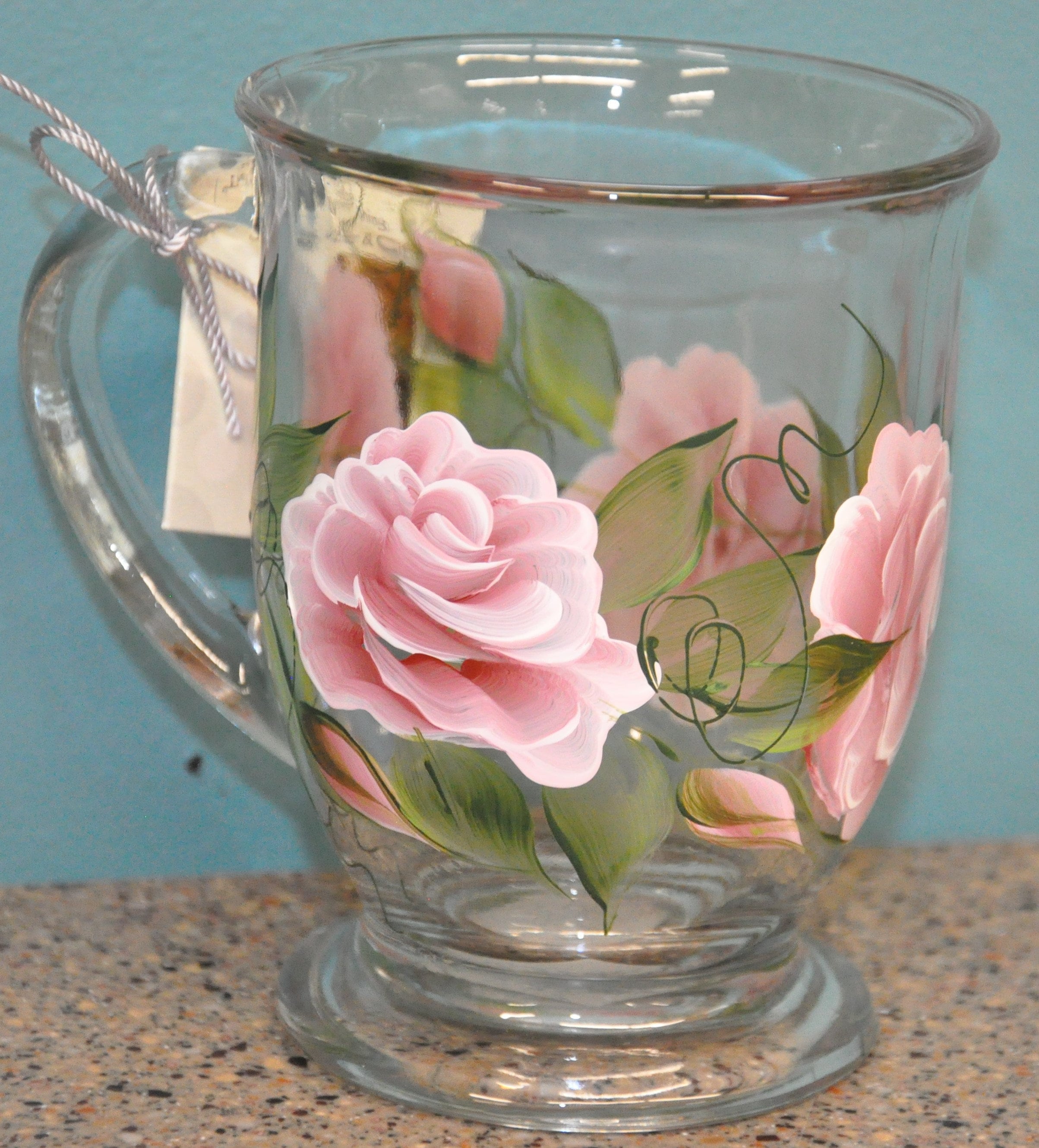 Hand painted, Roses & Rosebuds Glass Mugs