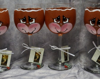 Hand Painted Gingerbread Face wine glass