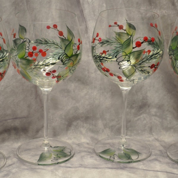 Hand Painted, Pine & Berries wine glass