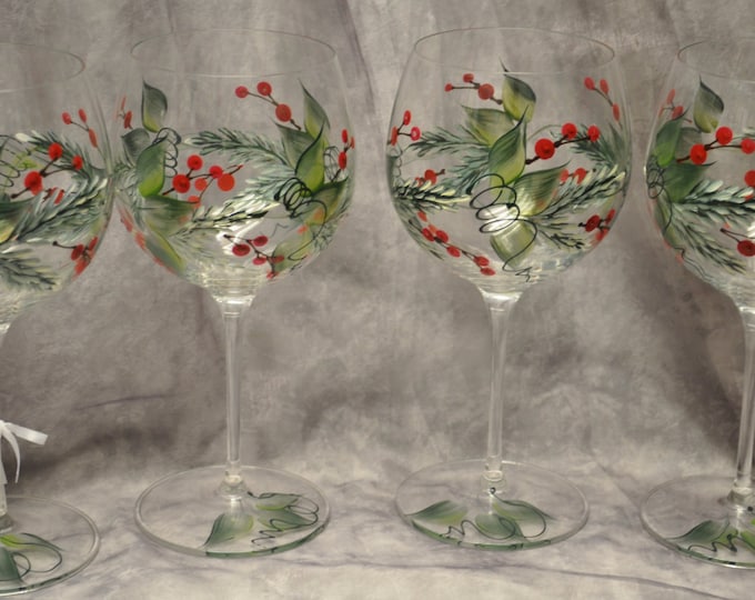 Hand Painted, Pine & Berries wine glass