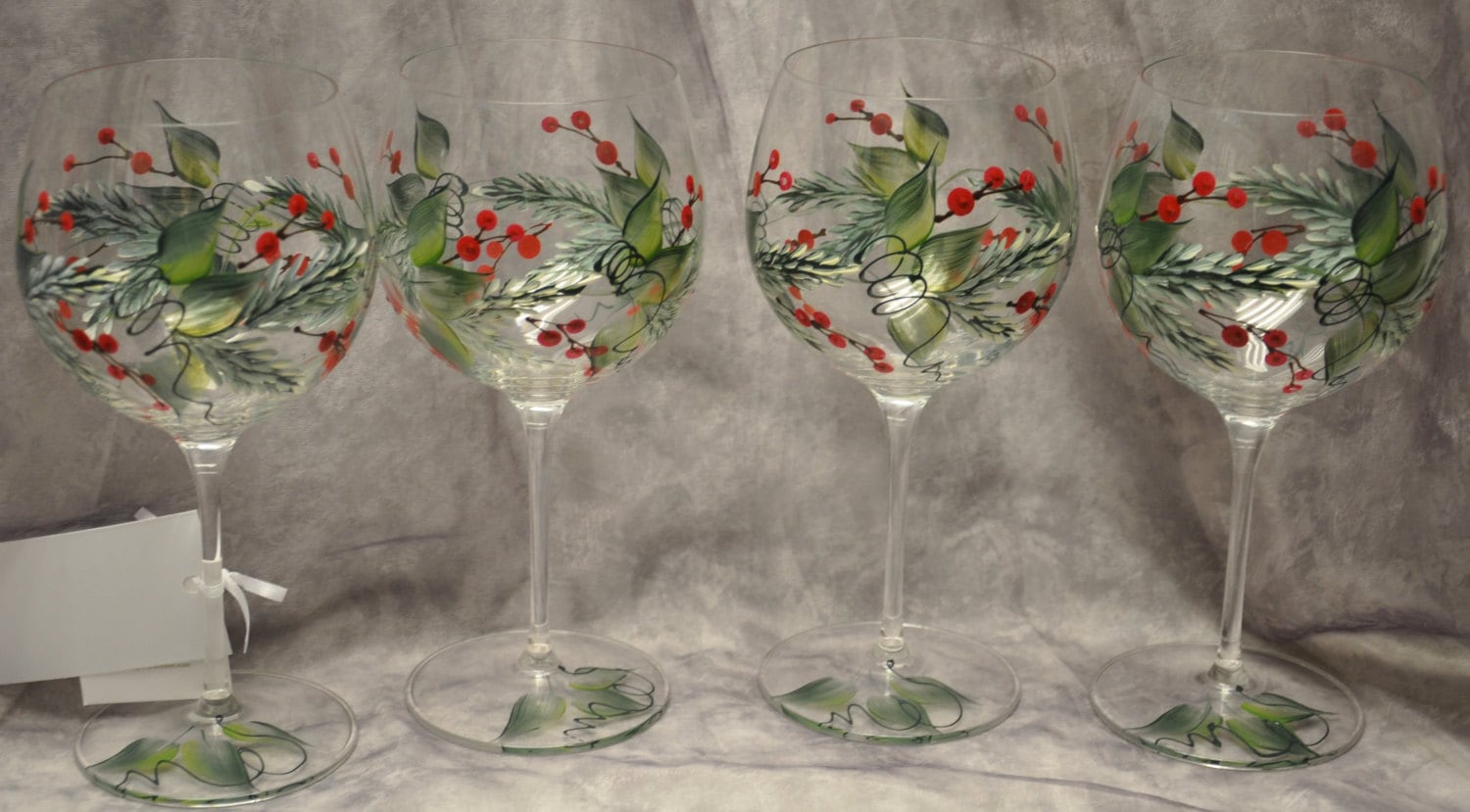 Christmas Wine Glasses - Set of 2 Stemless - Hand Painted - Holly and Berry