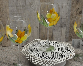 Hand painted Yellow Daffodil Wine Glass