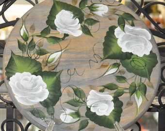 Hand painted, Rose, wood lazy susan