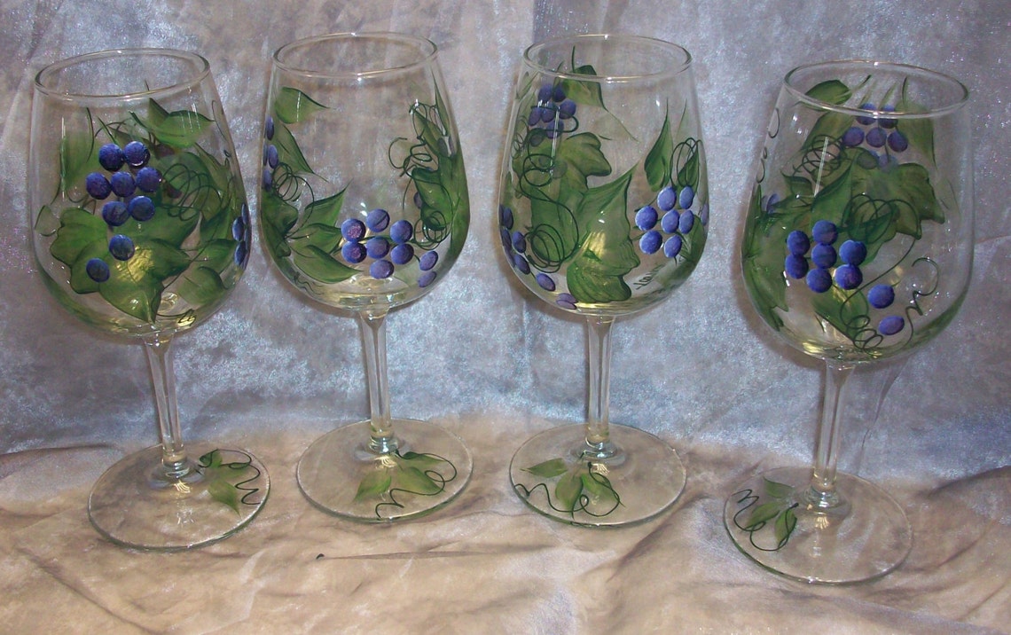 Hand Painted Grape Design Wine Glasses Set of 4 Etsy