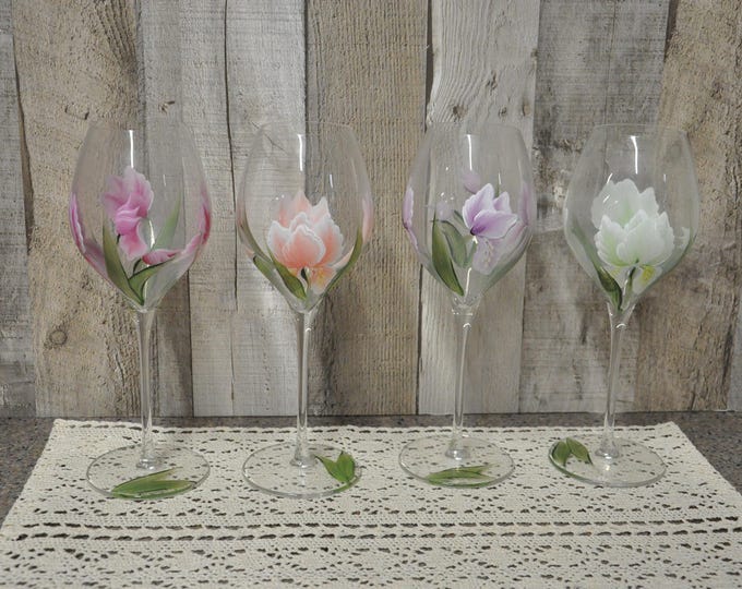 Hand painted Iris design wine glasses, set of 4