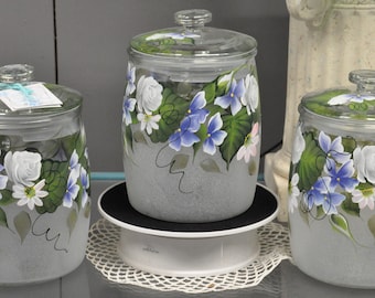3 Piece Set, Hand Painted Country Floral Canisters
