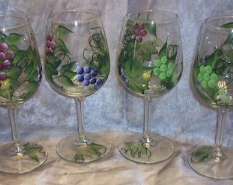Hand painted grape design wine glasses, set of 4