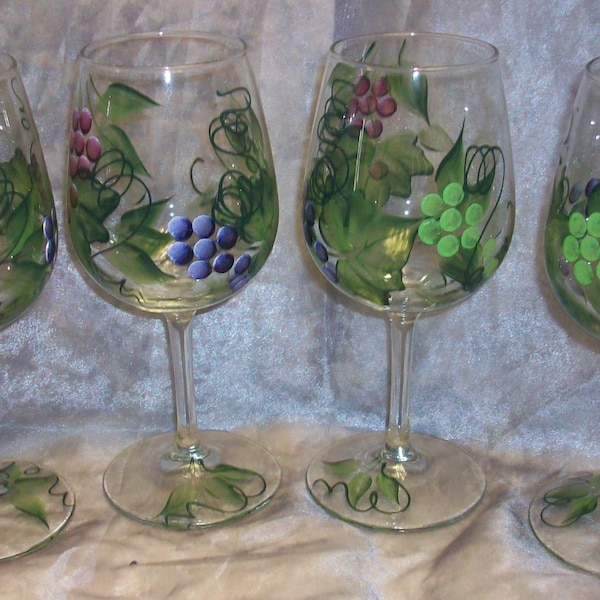 Hand painted grape design wine glasses, set of 4