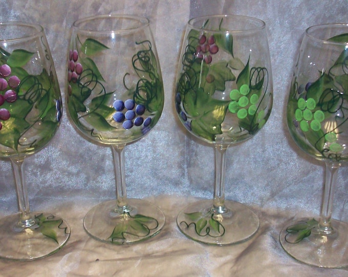 Hand painted grape design wine glasses, set of 4