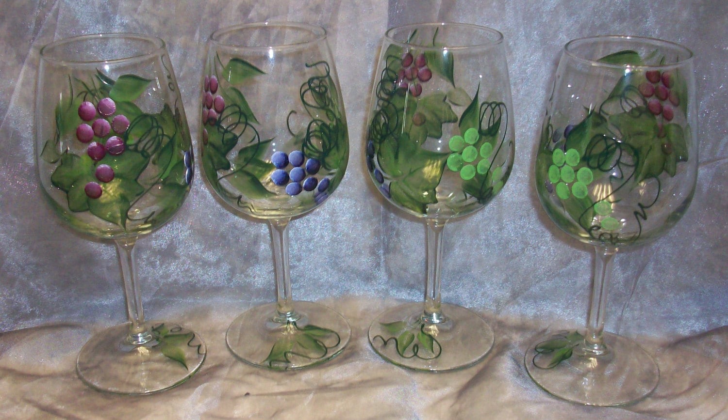 Set of 2 Hand Painted Multi Color Grape Clusters on Wine Goblets 