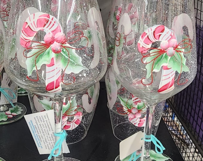 Hand Painted, Candy Cane wine glass