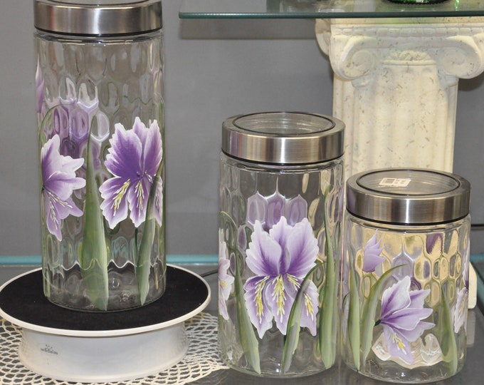 3 Piece Set, Hand Painted Purple Iris Canisters